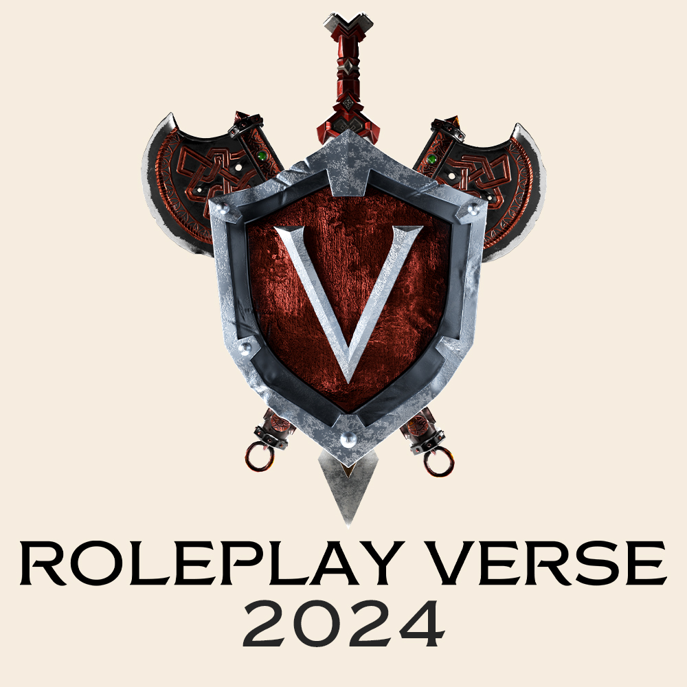 Das Logo der Roleplay Verse Convention. Ein silbern umrandeter roter Schild mit einem silbernen V in der Mitte. Hinter dem Schild schauen ein Schwert vertikal und zwei miteinander gekreuzte Äxte heraus.