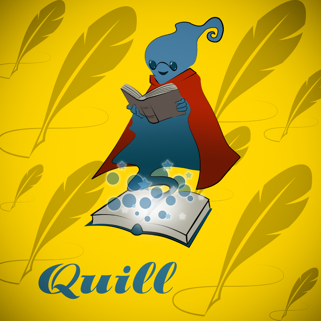 Quill, ein bläulicher Buchgeist mit einem roten Cape, der aus einem Buch erscheint und selber ein Buch liest.